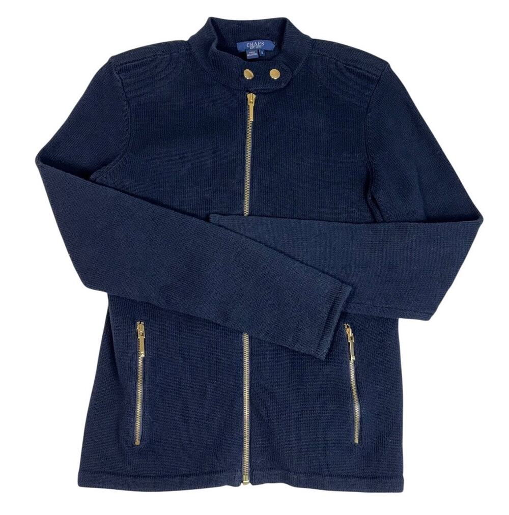CHAPS WOMEN'S NAVY BLUE KNIT ZIP SWEATER GOLD ACCENTS SMALL